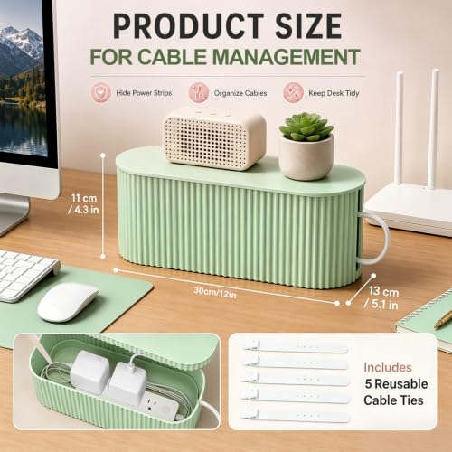 Boîte de rangement de câbles verte avec 5 attaches pour bureau