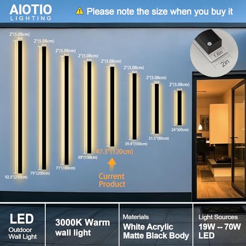 Image of AioTio Modern Outdoor Wall Light, 47inch Exterior Lighting Fixture Wall Mount,Black IP65 Waterproof Porch Lights Wall Sconce,3000K Long LED Linear Outside Lighting for Garage, House,Front Door