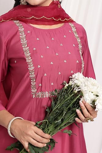 Image of Kaari Women's Hand Embroidered Kurta Set with Dupatta - Straight Fit | Silk Blend Fabric with Dabka Work | Sequin Work Organza Dupatta | Straight Pant with Side Pocket | Kurta Set For Women