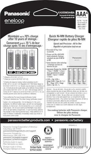 Image of Panasonic K-KJ55M3A4BA Advanced Individual Battery 3 Hour Quick Charger with 4 AAA eneloop Rechargeable Batteries, White