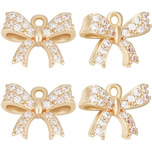 Beebeecraft 1 Box 12Pcs Gold Bowknot Charms Cubic Zirconia Bow Dangle Pendants Charm with Loop for Jewellery Making Necklace Bracelet DIY Craft Supplies (10x13mm)