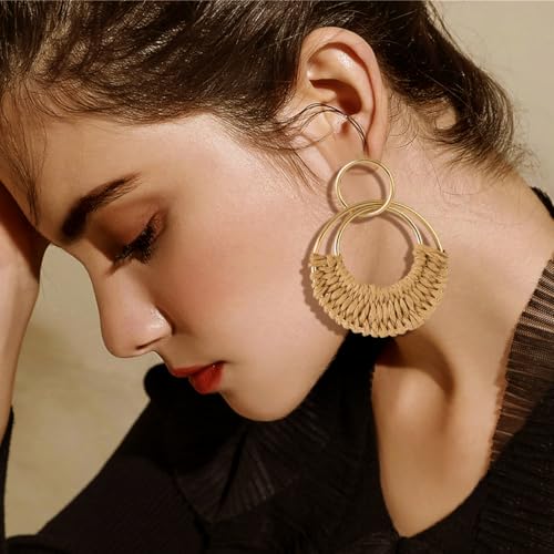 Handmade Raffia Hoop Earrings Statement Tropical Bohemian Straw Dangle Earrings Natural Rattan Vacation Style Round Earrings for Women Summer Beach Party Essential Jewelry3