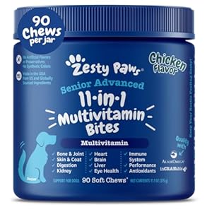 Zesty Paws Senior Dog Multivitamin Treats – Glucosamine for Dogs + Digestive Enzymes & Probiotics – Grain Free Dog Vitamins and Supplements for Skin & Coat + Immune Health Chicken – Advanced – 90ct
