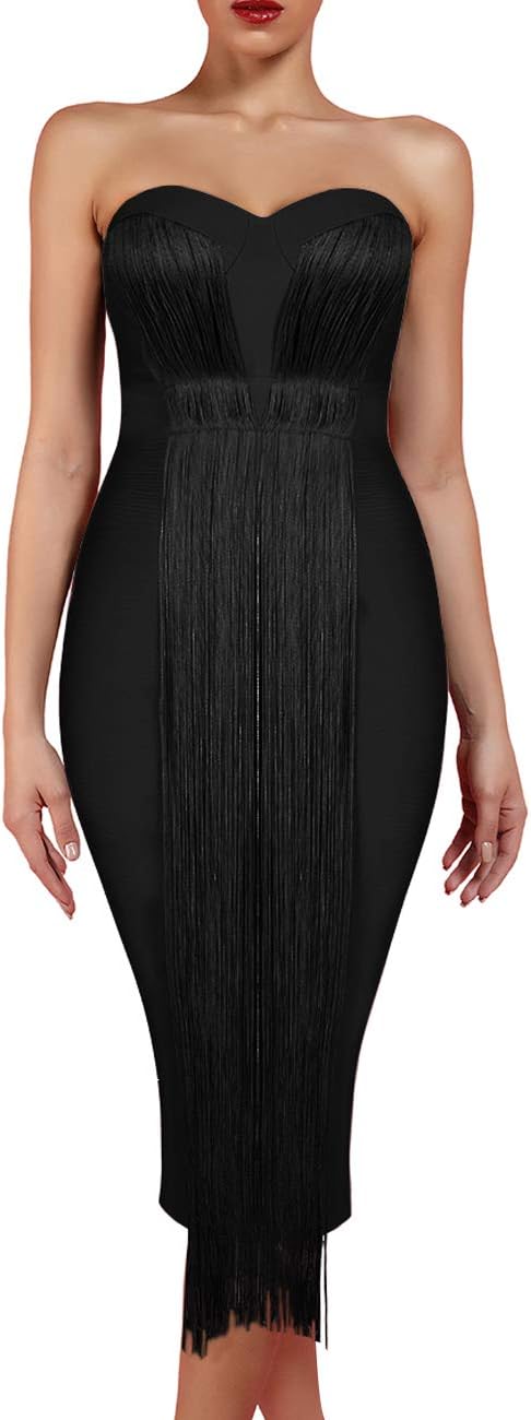 UONBOX Women's Strapless Elegant Tassel Tube Dress Bodycon Party Bandage Dress - Image 2