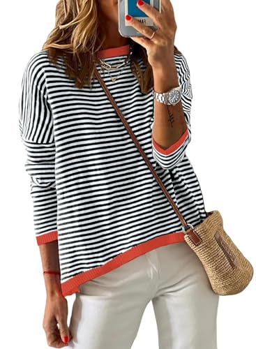 DUOEASE Camisola mulher riscas sem capuz decote redondo manga comprida jersey algodão outono roupa mulher, Preto-branco-laranja, L