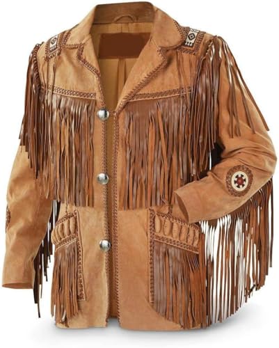 MERCH ATTIRE Chaqueta vaquera con flecos para hombre, estilo occidental en piel de ante marrón