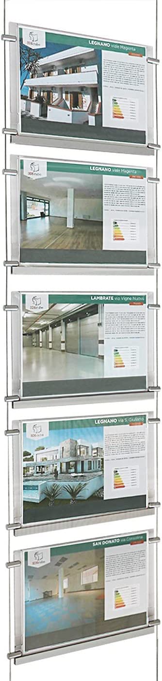 Expositor de Cables Luminoso de una Cara para escaparate EVO LED Kit 1x5 con 5 Carpetas de metacrilato A4 Horizontal, Soporte para anuncios para agencias inmobiliarias, Estudios fotográficos