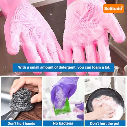 Image of Solitude Magic Gloves Silicone Dish Washing Cleaning Gloves, Silicone Hand Gloves for Kitchen Dishwashing and Pet Grooming, Great for Washing Dish, Car, Bathroom (Multicolour, 1 Pair)