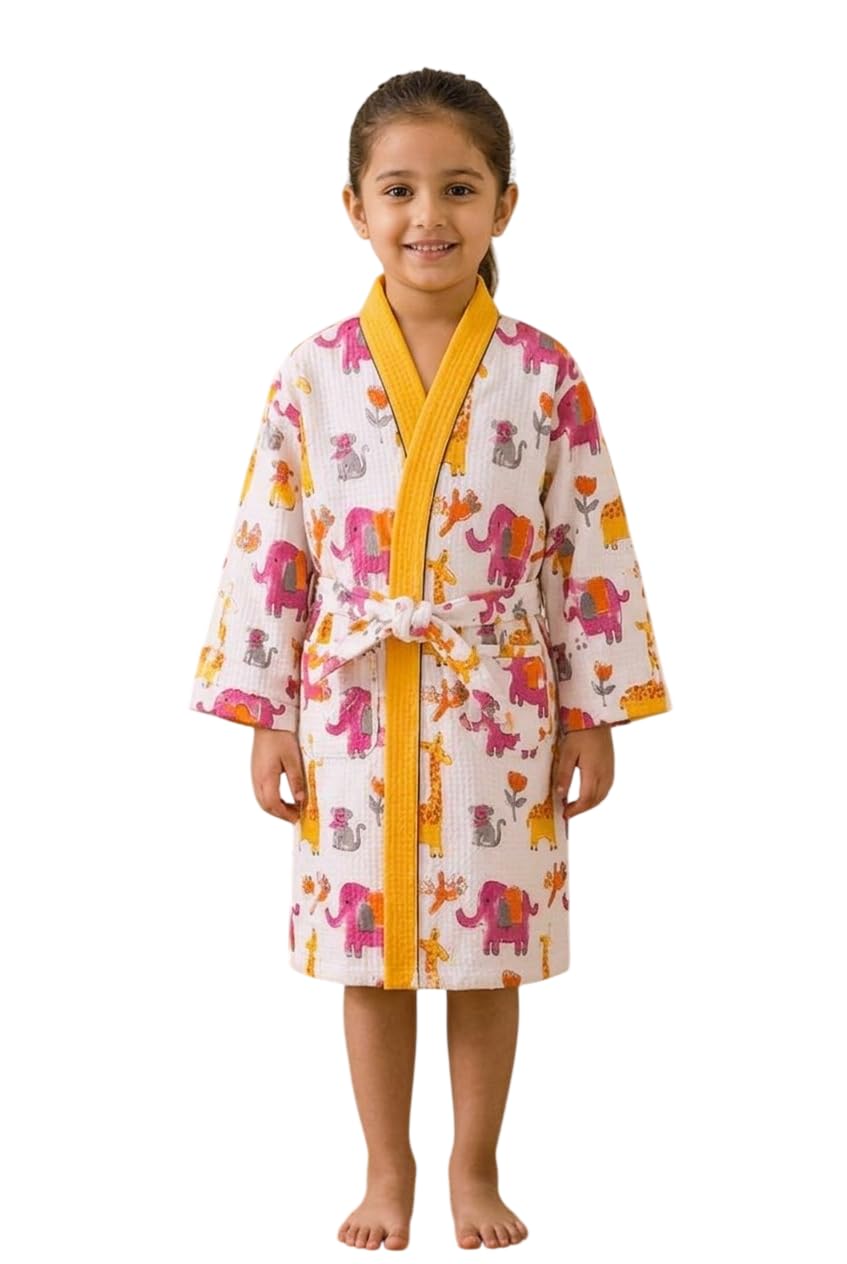 Hand Block Print Waffle Cotton Fabric Kid's Bathrobes Loungewear lightweight Traditional Handblock Printed Bathrobe For Boy & Girls (Suitable for kids 9 to 12 years old) Multicolor-image-46