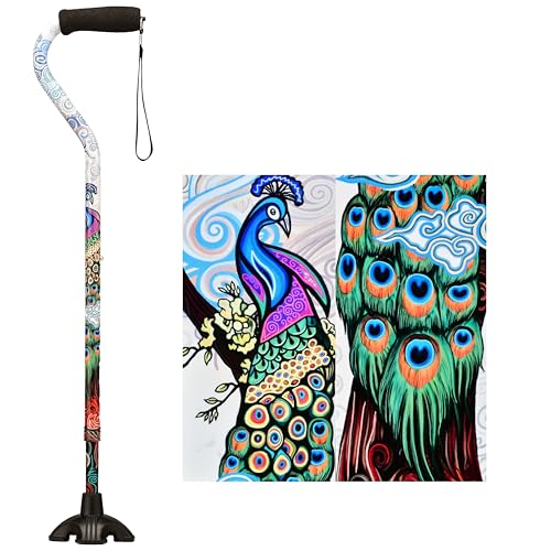 Nova Joy Designer Offset Quad Cane for Seniors - Unisex Adjustable Lightweight Walking Aid with Foam Handle, Wrist Strap and Anti-Rattle Lock - Essential Mobility Support - Proud Peacock