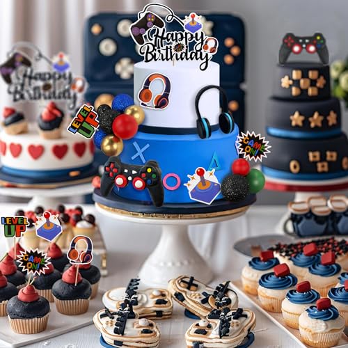 Tosparty PRO Video Game Cake Toppers Video Game Happy Birthday Controller Headset Cake Decoration Ball Cake Decoration For Game Theme Birthday Party Cake Decoration thumb #3