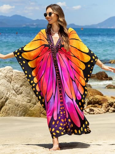 Image of IMAGEKOPE Women's Plus Size Animal Print V-Neck Batwing Kaftan Beach Dress Bathing Suit Cover-Up Loungewear