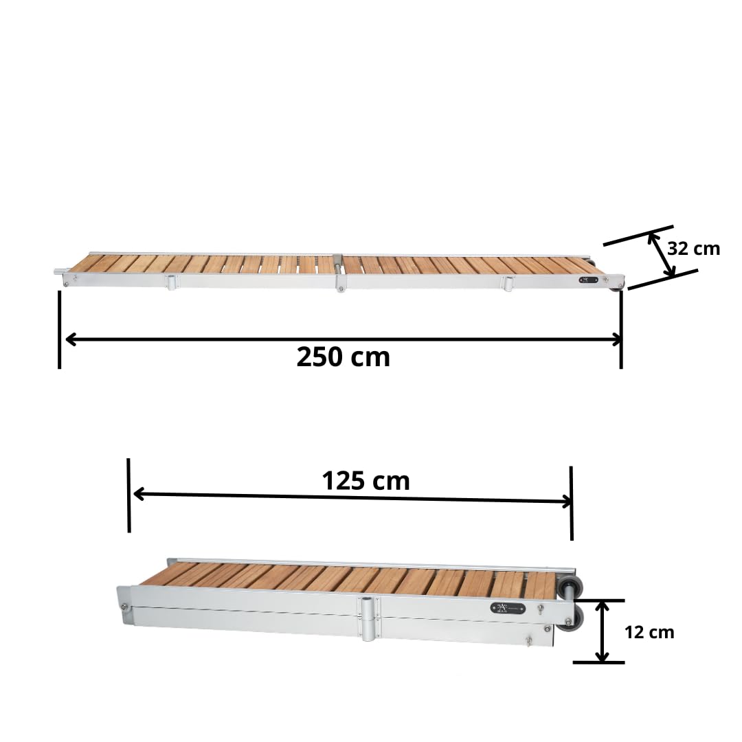 Pasarela para Barco, Peldaños de Madera, 2,5 Metros de Longitud, Plegable en Dos tramos, Liguera y Resistente con Ruedas.