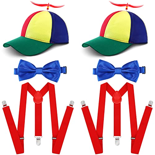 Eurzom 6 Pcs Halloween Propeller Hat Bow Tie and Adjustable Elastic Y Back Style Suspenders Set Helicopter Hat for Adult (Green Rim)