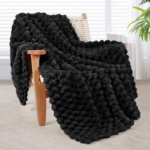 Whale Flotilla Manta de Forro Polar Suave con Motivo Jacquard 3D, Plaid para Sofá, Manta Exquisita Suave y Cálida para Todas Las Estaciones, 130 x 150 cm, Negro