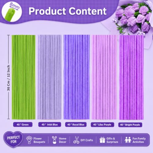 Image of YUNAMI Chenille Stems for DIY Flower Making - 200 Pcs Pipe Cleaners with Floral Wire, Tape, Stamen & Pearls - Premium Bouquet Supplies for Home Decor & Gifting (200, Purple)