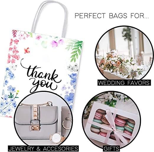 Miniatura 4 de Purple Q Crafts Paquete de 25 bolsas de papel pequeñas de 8 x 4 x 10 pulgadas con asas, diseño floral, bolsas de agradecimiento para negocios,