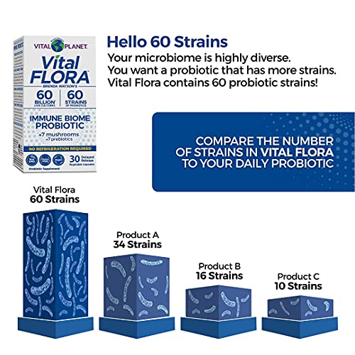 Vital Planet - Vital Flora Immune Biome Shelf Stable Probiotic 60 Billion, Digestive Support Probiotics For Women And Men With Prebiotics And Organic Mushrooms, 30 Capsule #TOP3