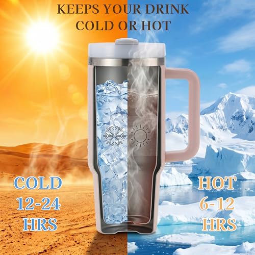 Image of AXEON Stainless Steel Tumbler with Handle & Straw - 900ml | Double Wall Vacuum, Reusable & Leak-Proof Stanley Sipper | Travel Coffee & Cold Drink Cup for Gym, Office & Travel, Rose Colour