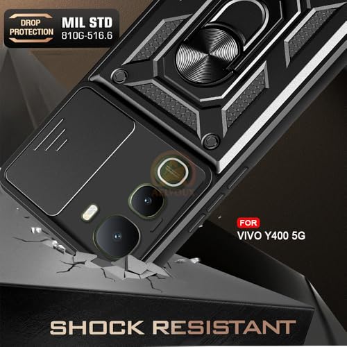 Image of Armor Bumper Back Cover Case for Vivo Y400 5G Rotating Camera Cover, Ring Holder & Kickstand | Heavy Duty & 360 Degree Protection Vivo Y400 5G Back Cover (Black)