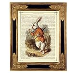  Alice im Wunderland weißes Kaninchen Hase Taschenuhr Poster Kunstdruck auf antiker Buchseite Geschenk Steampunk Bild ungerahmt