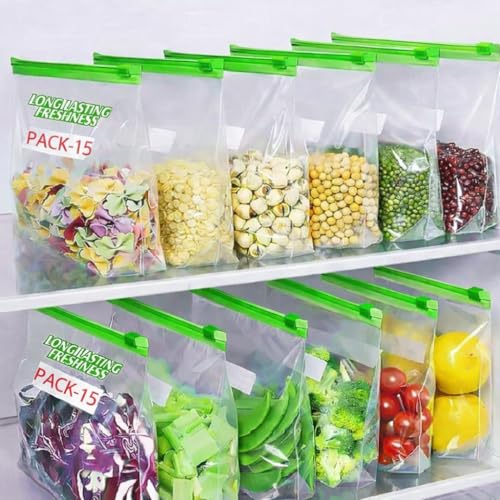 Image of Reusable Vegetable Storage Bags for Refrigerator 9x10 Inch - Zip Lock Fridge Storage Pouch for Fruits, Veggies & Herbs, Food Safe Reusable Bags for Kitchen Organization (15, Green) | Reusable