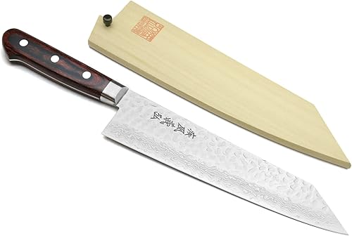 Yoshihiro VG-10 Cuchillo de chef japonés multiusos de punta de espada de Damasco martillado Kiritsuke de 8.25 pulgadas, mango de caoba estilo