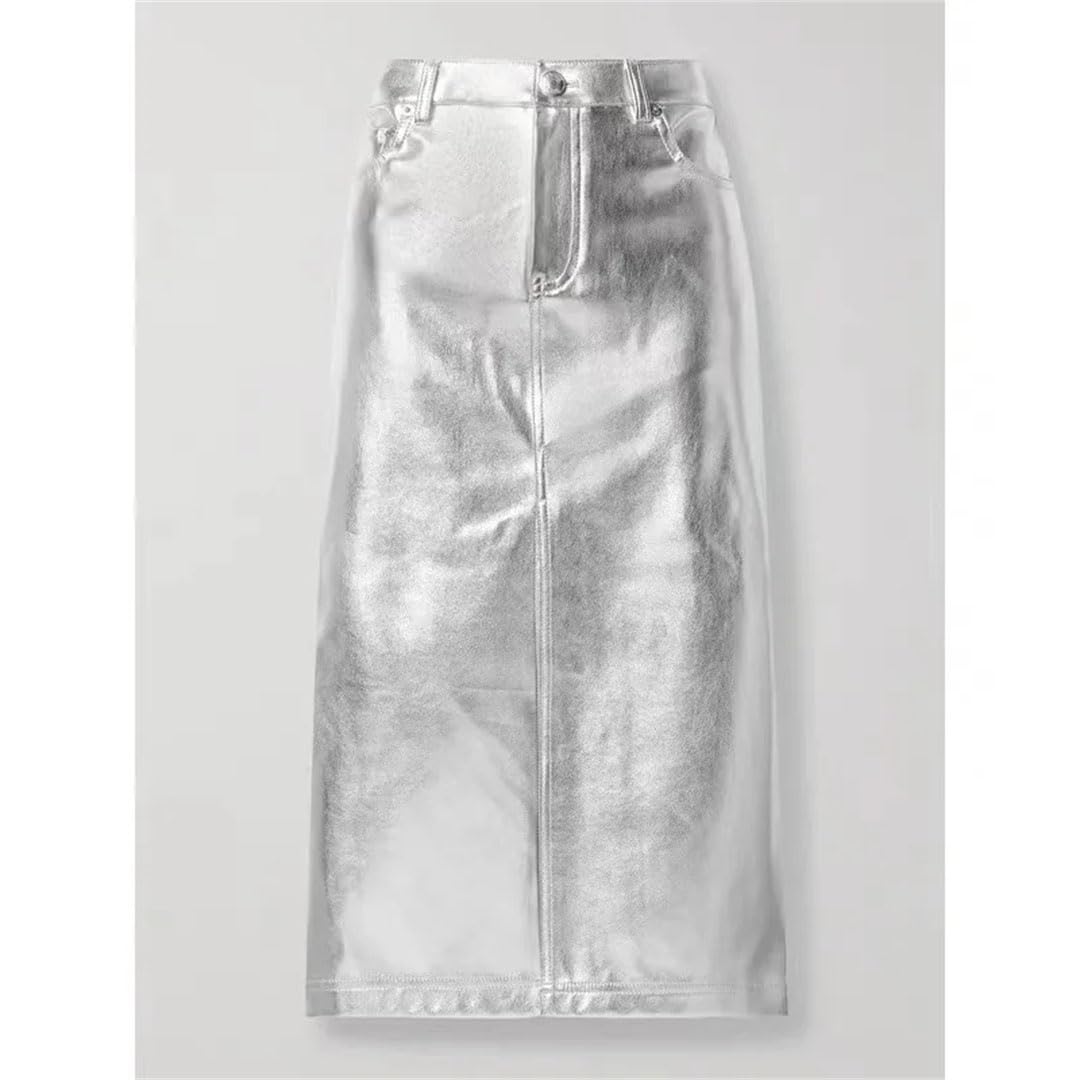 Damska skórzana spódnica metaliczna slim fit owijana przednia dzielona długa spódnica