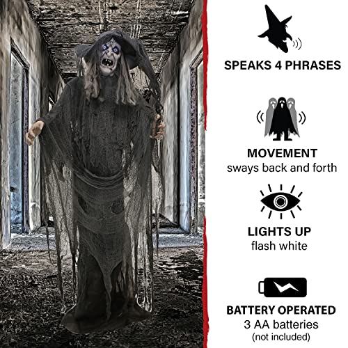 Haunted Hill Farm Life-Size Animatronic Scary Talking Witch with Touch Activated Lights and Sound, Indoor or Covered Outdoor Creepy Halloween Decorations for Home or Haunted House, Battery Operated
