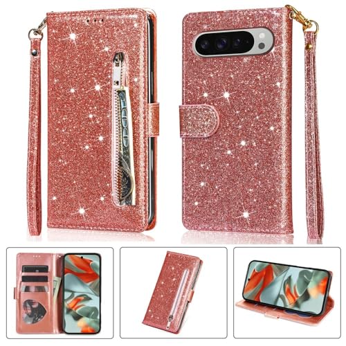 Étui portefeuille Google Pixel 7A or rose à paillettes