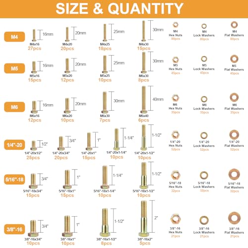 Image of VIGRUE 1060PCS SAE & Metric Bolts Nuts Assortment Kit 1 /4-20 5 /16-18 3 /8-16 and M6 M5 M4 Heavy Duty Assorted Hex Bolts Washers Nuts Fasteners Set with Portable Box, 25 Different Sizes
