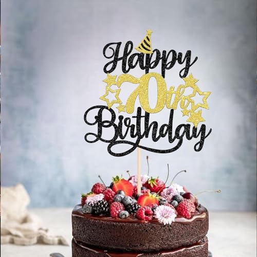 Image of Confetti! Glittering 70th Birthday Cake Topper with Star Hat - Cheers to 70 Years! Fabulous Cake Decorations for Elders 70th Birthday & Anniversary Party Supply