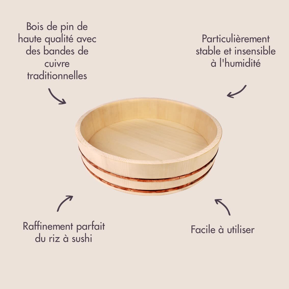REISHUNGER Hangiri Bol en Bois, idéal pour debutants de Sushi (diamètre 60 cm) - Disponible en 30 cm Jusque 60 cm
