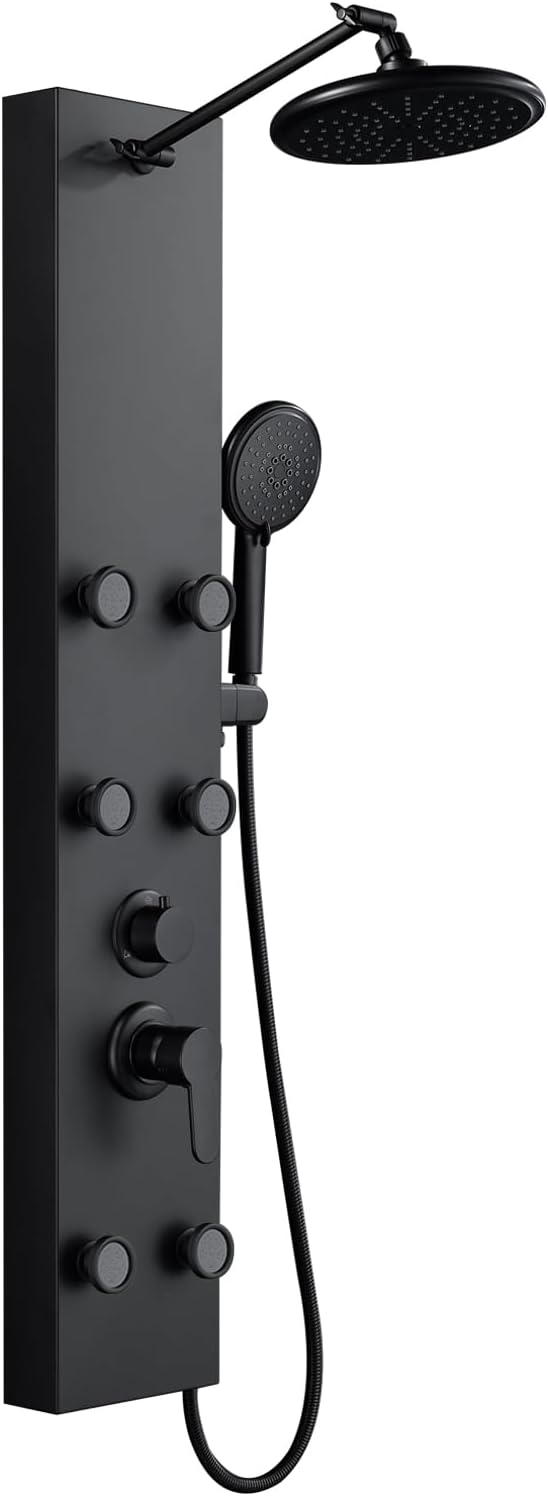 ROVOGO Shower Panel Tower System with Height Adjustable Shower Arm, Rain Shower, 6 Body Jets and Handheld, Stainless Steel Shower Column, All Black