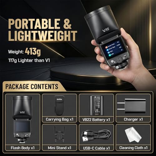Image of Godox V1 MID C Flash for Canon, 55Ws Round Head Touchscreen Speedlite, 24mm Optics, 650+ Flashes, TTL /HSS 1 /8000s, V1MID Travel Flash for Canon EOS R RP R5 R6 R7 R8 R10 R100 R5