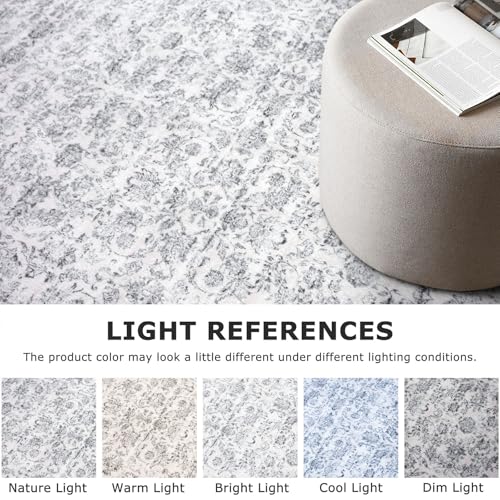 2x6 Grey Blue White Washable Runner Rug for Kitchen, Soft Neutral Vintage Kitchen Rugs with Non-Slip, Non-Shedding Distressed Floral Rug for Entryway Hallways Laundry Indoor Bedroom