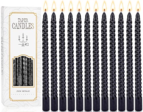 MULEVIP 12 Stück Spiralkerzen Kerze Schwarz, Stabkerzen Set Schwarze Kerze Kerzen Konisch Leuchterkerzen Spitzkerzen für Chimes, Magie, Gemeinde,Partydekoration - 2 x 25 cm Cover
