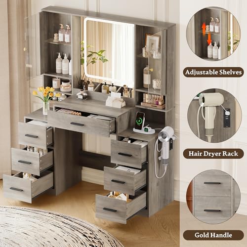 Image of HUANLEGO Makeup Vanity Desk with Mirror and LED Lights for Girls, Grey | Farmhouse Dressing Table Set for Women, LED Glass Cabinet, 7 Drawers, Power Outlet, Hair Dryer, 3 Lighting Modes