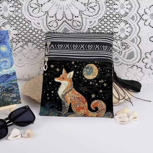 Fox Art Print Crossbody Bag Adjustable Unisex Shoulder Bag for Christmas Birthday Gifts Celestial Night Sky Design with Stars & Moon Messenger Bags3