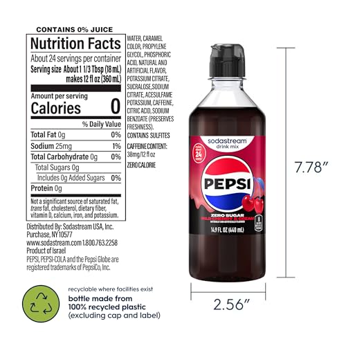 Image of SodaStream Zero Wild Cherry Pepsi & Cream, New Pour Bottle 440ml, (Pack of 4)