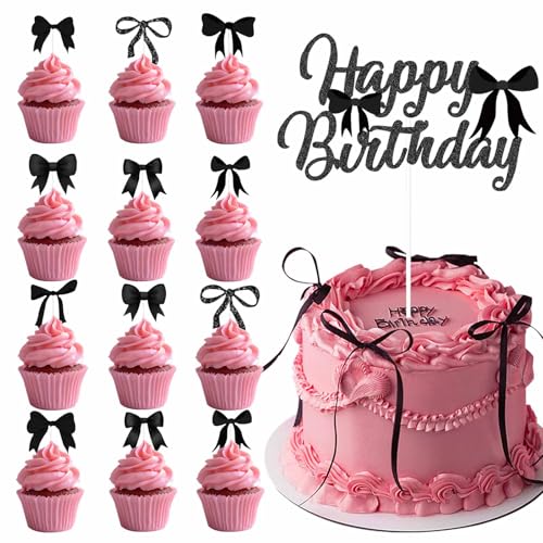 Tonsamvo 19 lazos negros para tartas, decoración de tartas/cupcakes para decoración de fiesta de cumpleaños