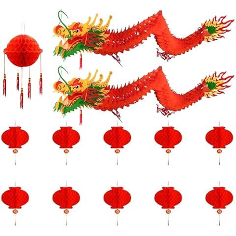 IRmm Chinese New Year Decorations, 13 PCS 3D Chinese Paper Dragon with Ball and Red Lanterns for Chinese Spring Festival, Lantern Festival, Lunar New Year Decorations Cover