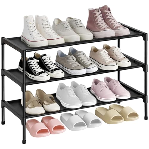 Shoe Rack, Non-Woven Fabric Portable 3 Tier Shoe Organizer, up to 12-16 Pairs, Stackable Shoe Storage Shelf for Closet, Entryway, Space Saving HSRF003BK