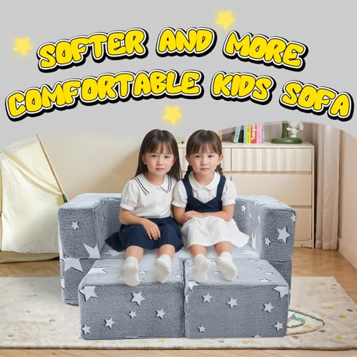 MeMoreCool Glow-in-the-Dark Modular Kids Play Couch – Grey Toddler Sofa for Playroom