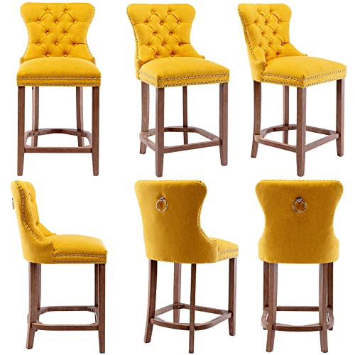 Vescasa Linen 27" H Counter Height Bar Stools Set Of 2 With Tufted Back, Modern Nailhead Trim Upholstered Barstools With Pull Ring, Armless Kitchen Stool With Wood Frame For Kitchen/ Bar, Yellow #TOP5