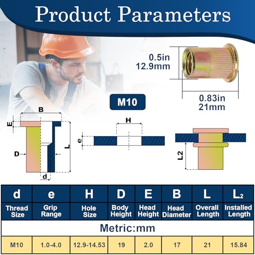 Image of 50Pcs M10 Rivet Nuts, Metric Zinc Plated Finish Carbon Steel Flat Head Threaded Insert Nutsert Kit