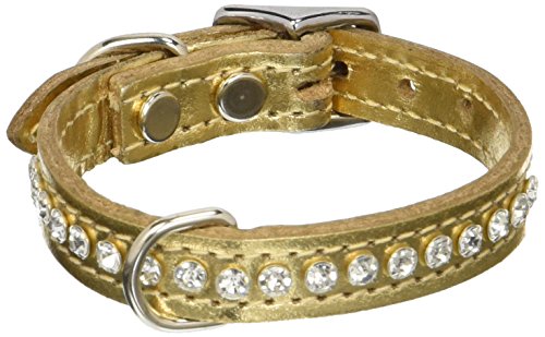 Image of Signature Leather Crystal Dog Collar, Metallic Gold Solid Grain Leather, Fits 7.5 inch-9.5 inch Neck Size, 12 inch Overall Length