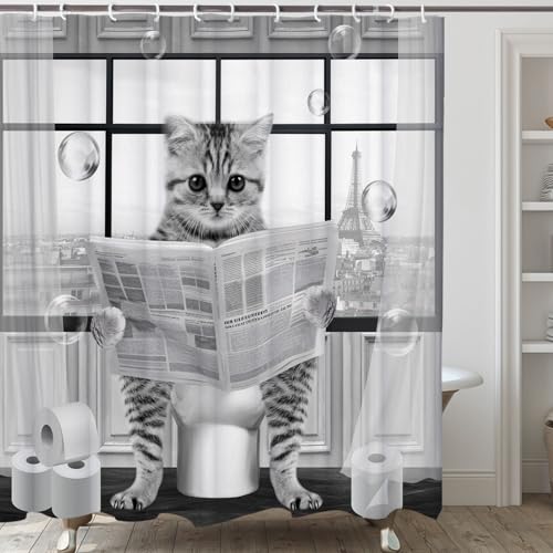 Image of Cute Cat Shower Curtain, Funny Cat Reading on Toilet Shower Curtain Set, Black White Grey Fabric Shower Curtains for Kids Bathroom with Hooks 72X72inches