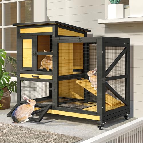 TIMHAKA Large 2 Story Rabbit Cage with Run, Indoor & Outdoor Rabbit Hutch, Bunny Cage for Guinea Pig, Wooden Design with 2 Removable Tray, Waterproof Roof & 4 Metal Wheels for Small-Medium Animals