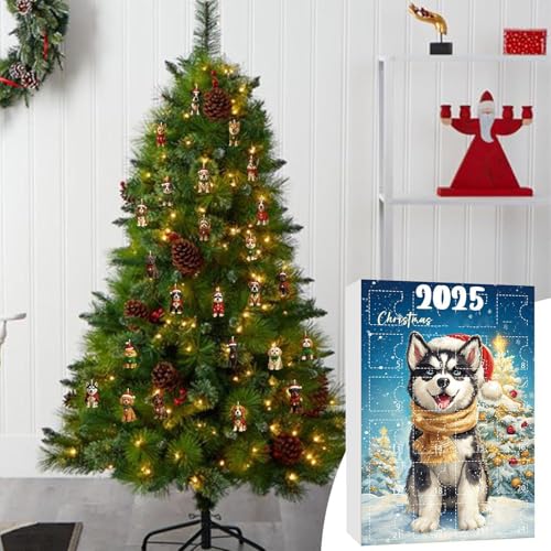 Arroopu Adventskalender mit Hunde-Motiv - 2D Flach Wiederverwendbar Saisonal,24-Tägiger Adventskalender Mit Anhängern In Hundemotiv,Für Familien Freunde Erwachsene Haustierliebhaber Bäume Fenster Und